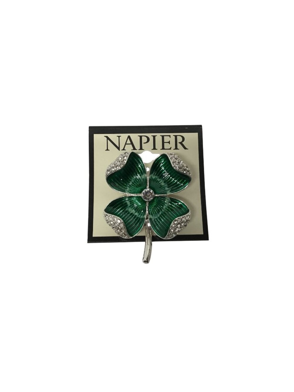 Napier Green Enamel Four Leaf Clover 2 inch Silver Tone Rhinestone Brooch